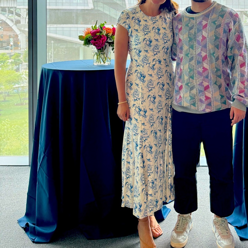 Reformation: White with blue florals midi dress